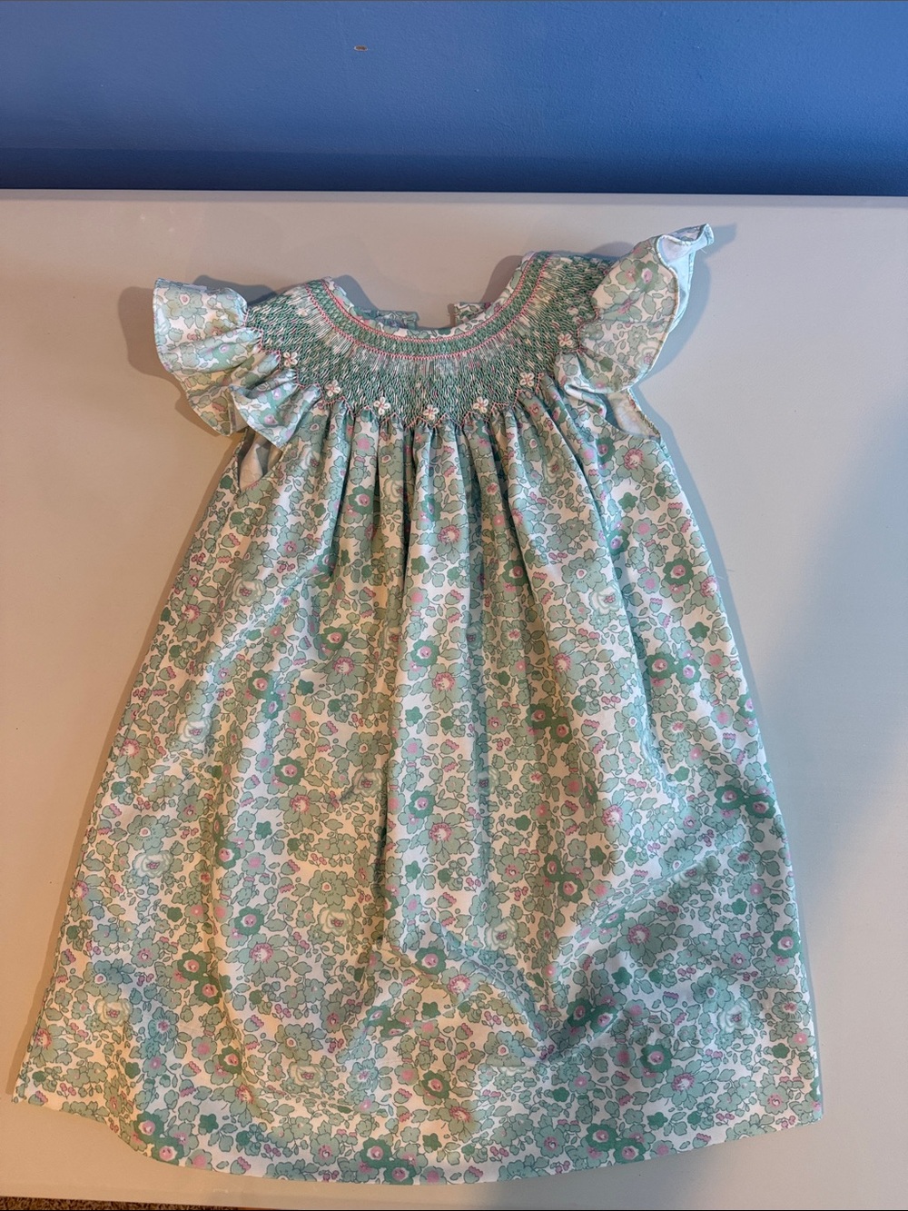 Sweet Dreams Smocked Floral Kids Dress- Mint Green Pink Flowers